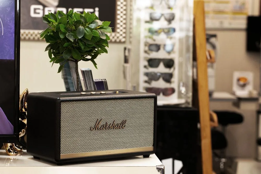檯面上的 Marshall 復古音響與綠色盆栽,後方是墨鏡陳列櫃