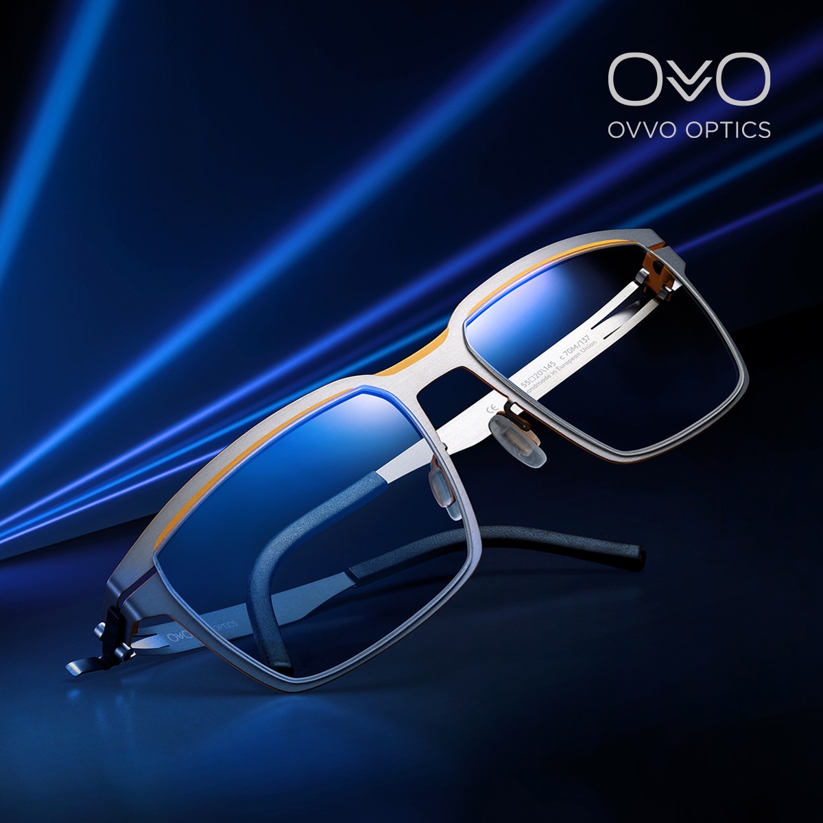 OVVO OPTICS 鏡框主視覺，鏡腳標示 Handmade in European Union